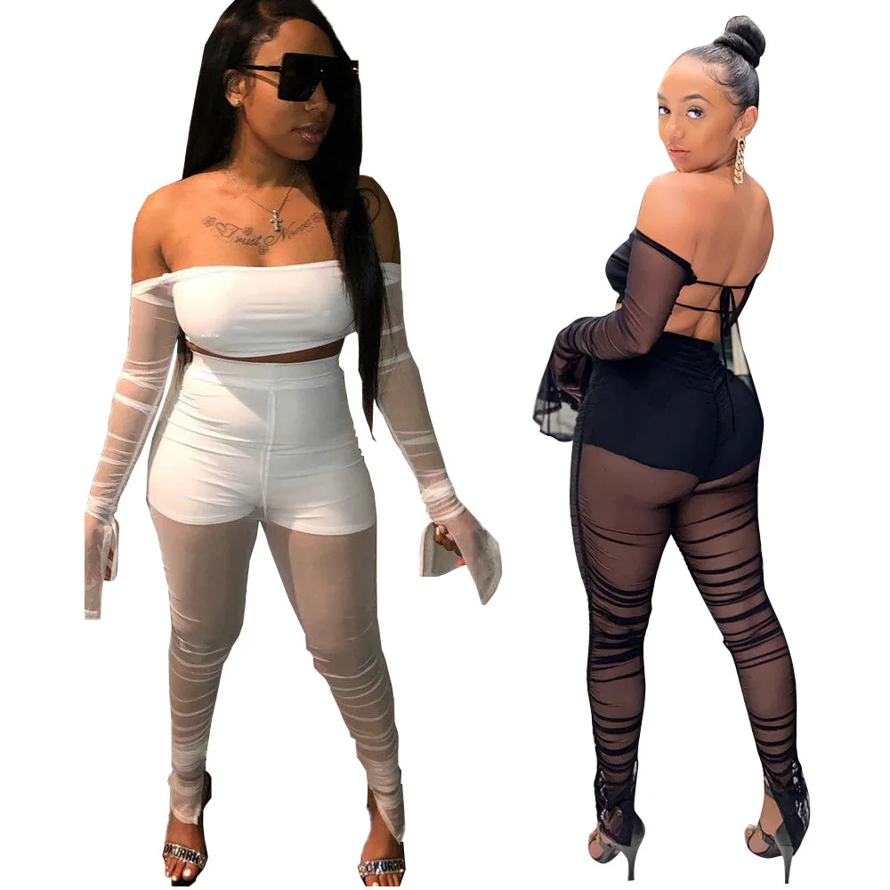 
Spring New Arrival 2piece Set Lace Mesh Flared Sleeves Top Slit Pleated Pants Plus Size Two Piece Set Fat Woman 