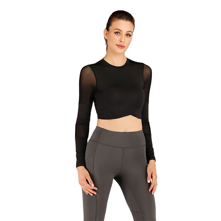 
Mesh Insert Long Sleeve Athletic Workout Fitness Gym Yoga Crop Top Sport Team T-Shirt For Women 