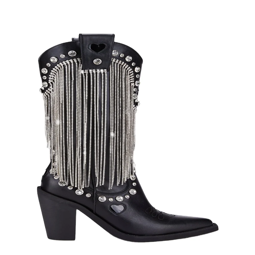 Fashion Tassel Shoes Women Ankle Boots Pointed Toe Sequins Fringe Chunky Heel Side Zipper Ankle Boots
