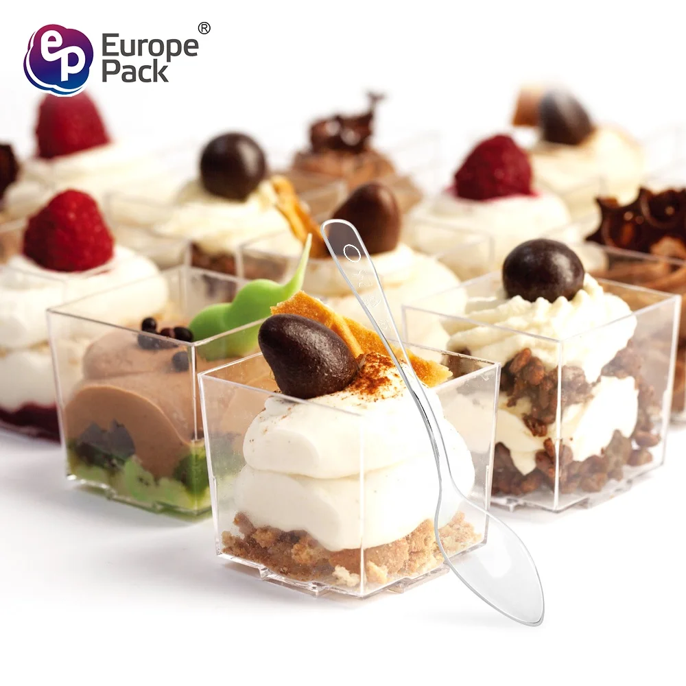 Europe-Pack 60ml 2oz disposable square PS plastic ice cream dessert pudding cup with spoon