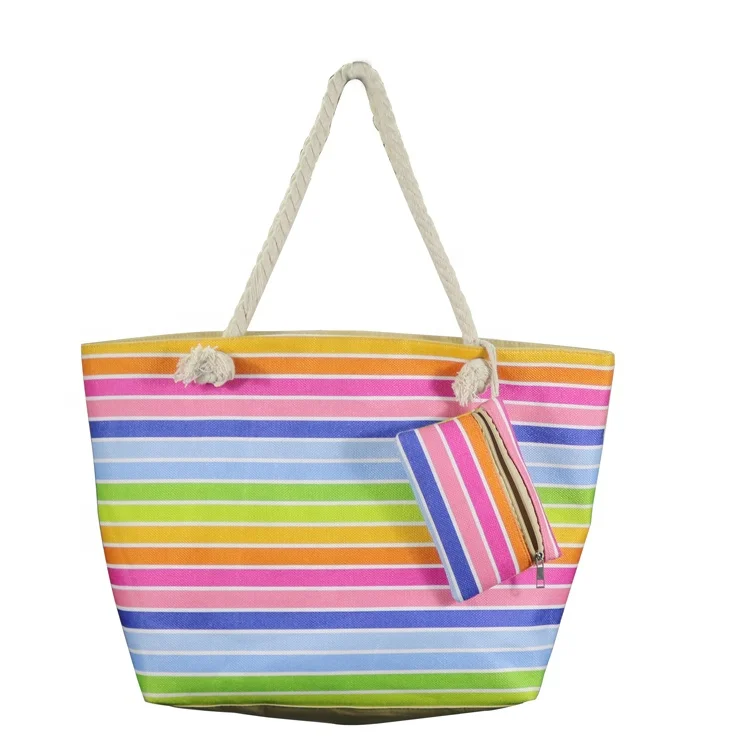 customized Striped  large capacity canvas  one shoulder imitation hemp portable cloth bag thick cotton rope canvas beach