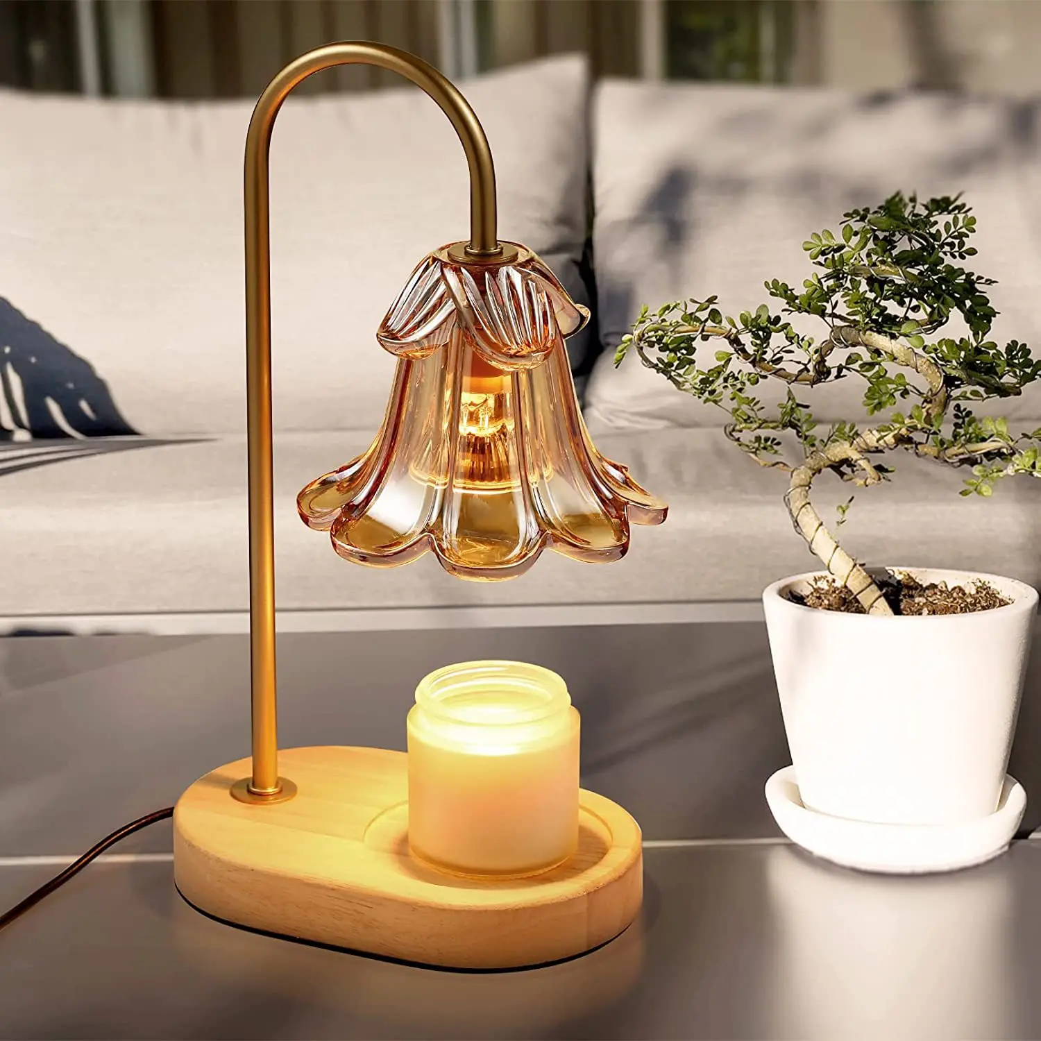 Solid Wood Base New Fire Free Glass Essential Oil Electric Candle Warm Lamp
