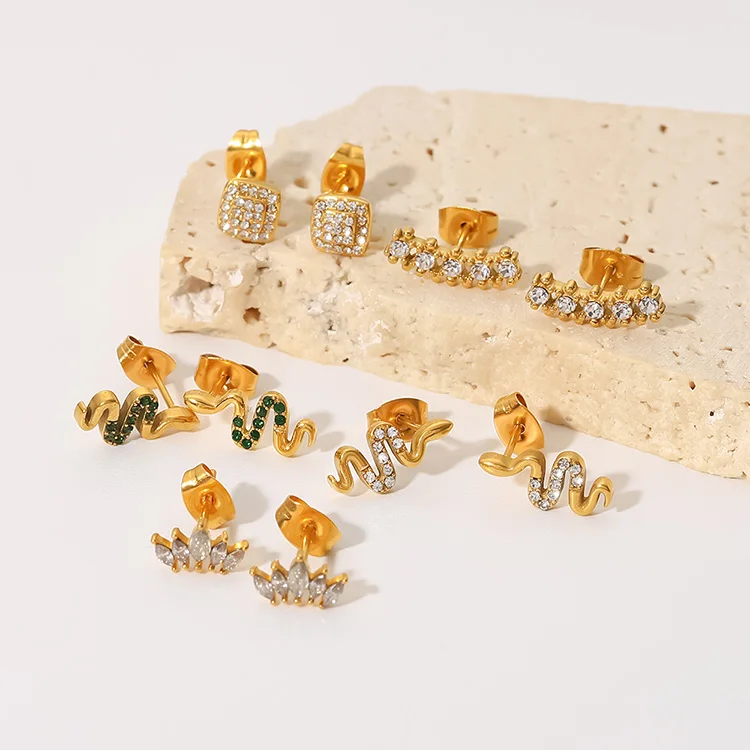 Dainty PVD Gold Plated Tiny Zircon Inlaid Stud Earrings Stainless Steel Opening Crown Flower Shape Earrings