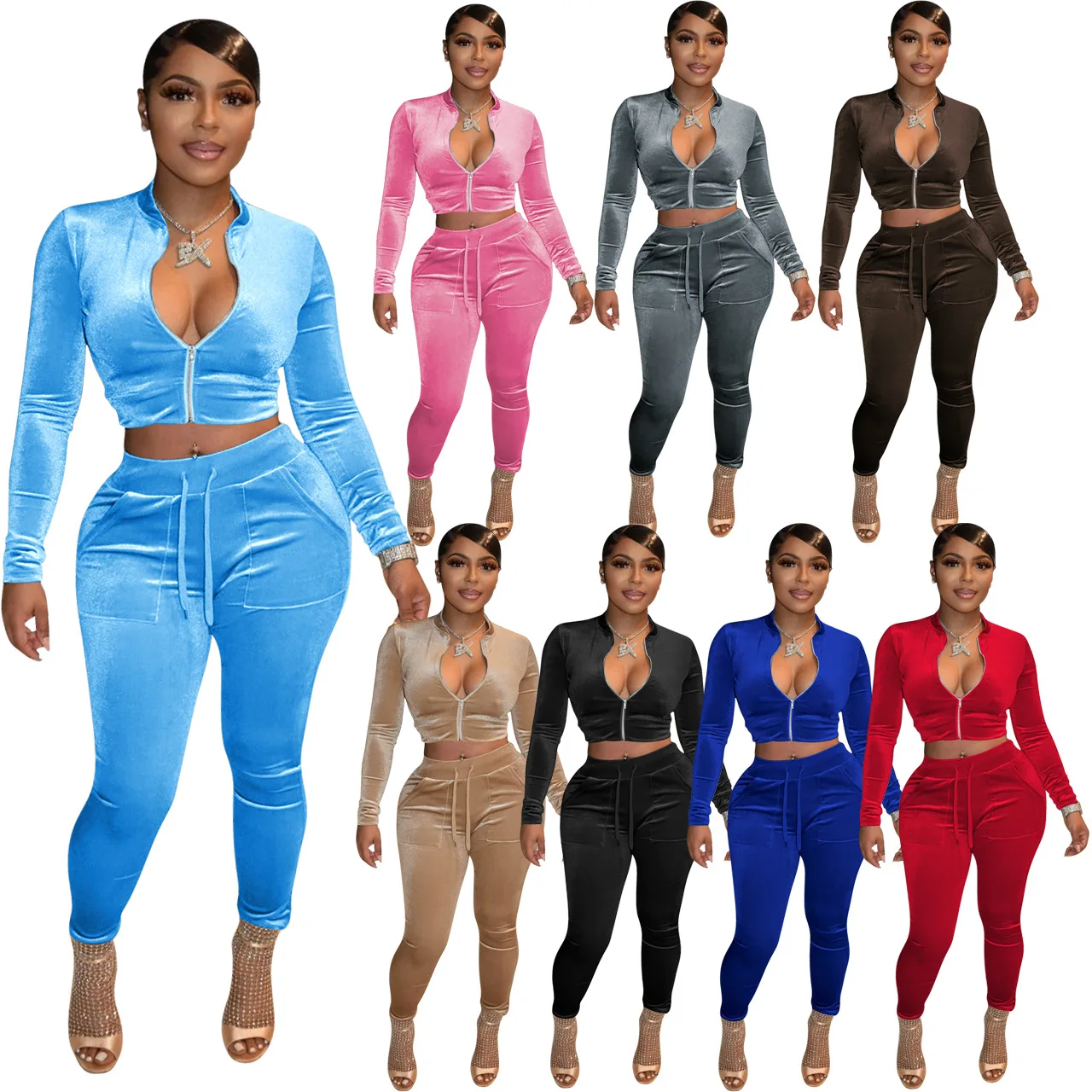 Skinny Sexy Women 2 Piece Pant Set Winter Sexy Long Sleeve Two Piece Set Clothing Crop Tops Velvet Velour Tracksuits for Women