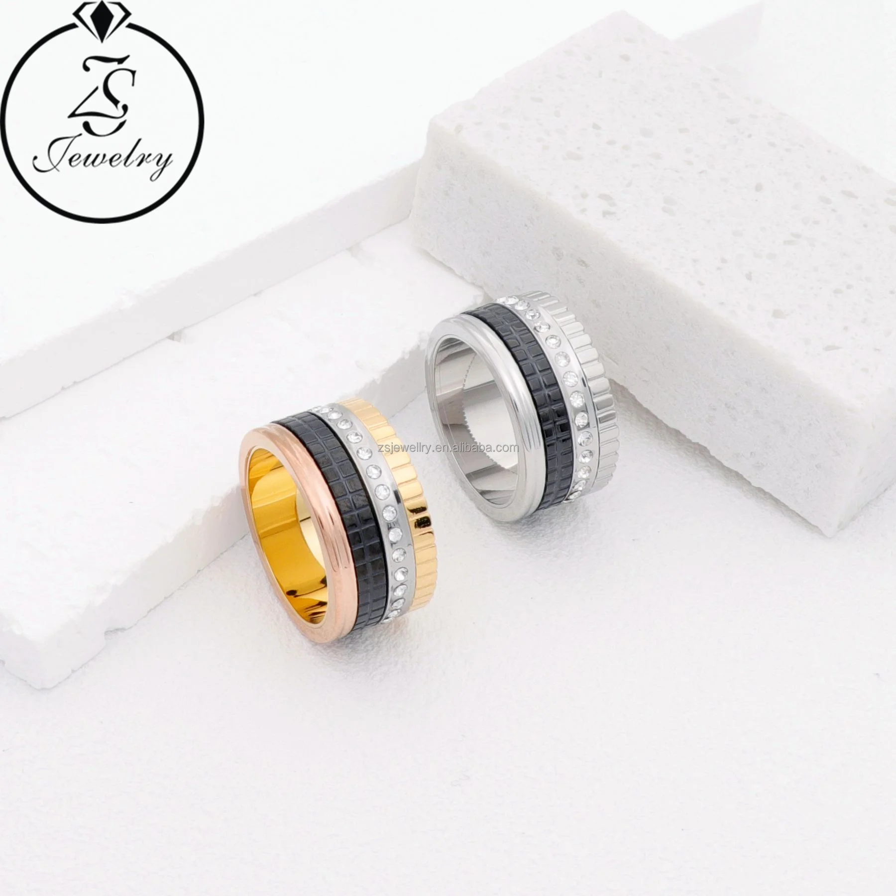 Reasonable Price Gold Plated Silver Stainless Steel Jewelry Love Geometric Stone Three Color Luxury Wedding Design Ring
