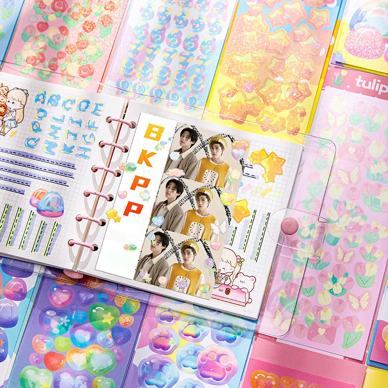 Custom Adhesive A4 A5 A6 Vinyl sticker label Kawaii Korean Rainbow Effect Glitter Kiss Cut Sticker Sheets Printing