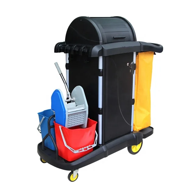 Janitorial 3-Shelf Cart  Wheeled With Zippered Yellow Vinyl Bag With Cover