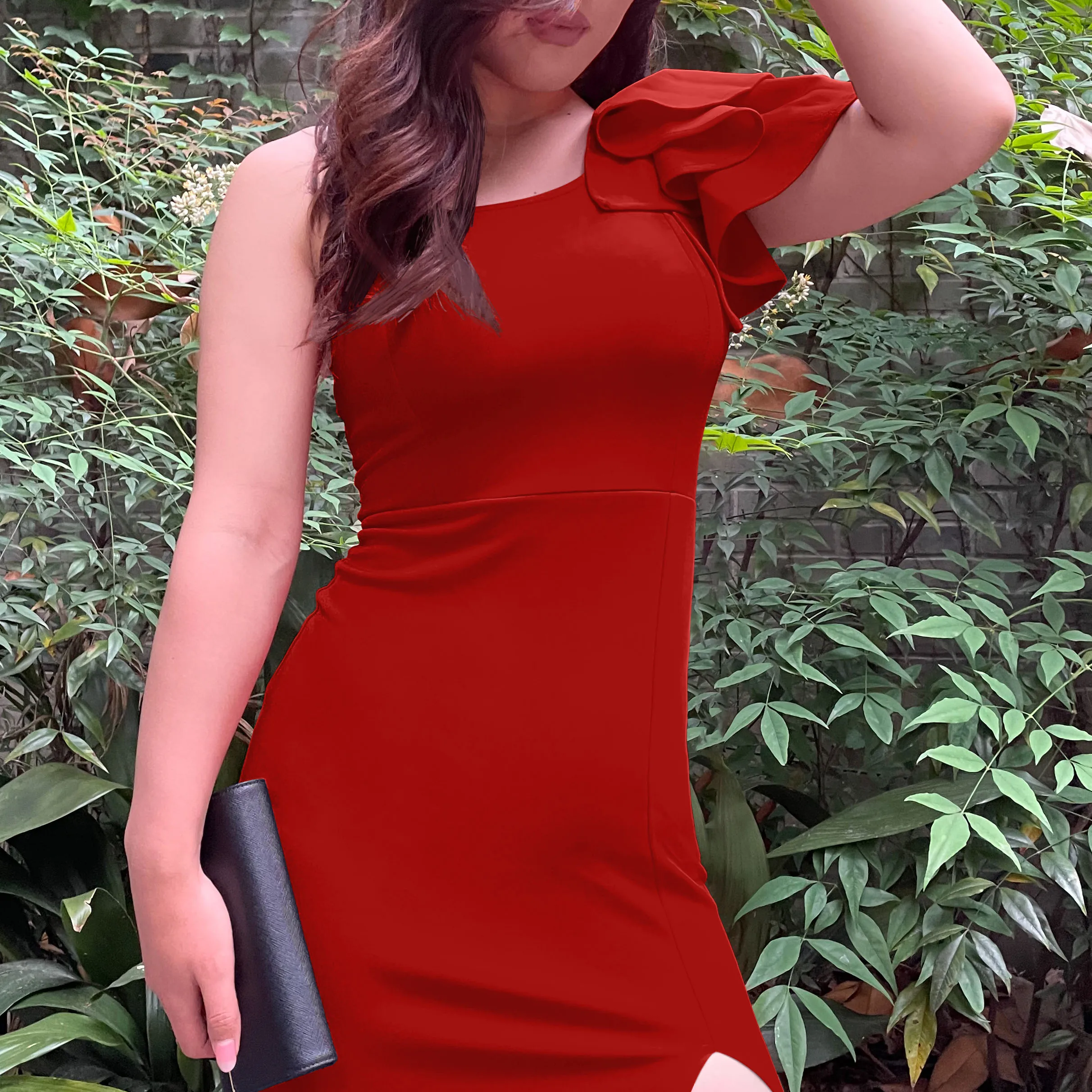 Latest design slit elegant dress one shoulder bodycon ruffles gowns chic evening dress