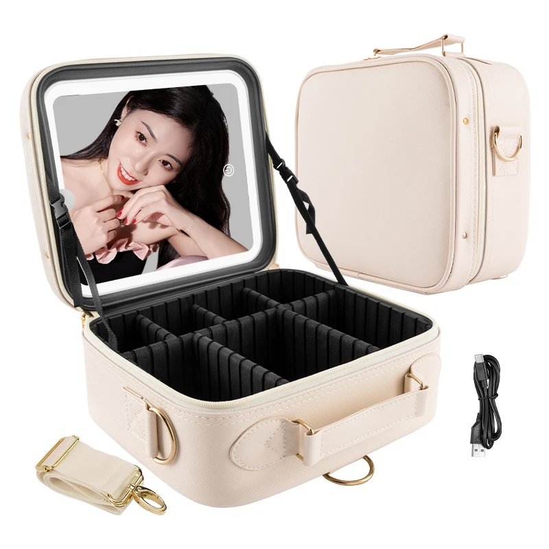 US Local Shipping White Convenient Hand-Held Travel Vanity Case Portable Led Mirror Compacts Makeup Case Cosmetic Brush Case