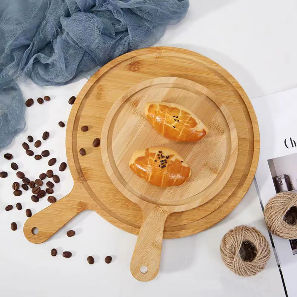 Bamboo Pizza Board with Handle Round Bread Fruit Cutting Board Wood Charcuterie Chopping Board for Kitchen Acacia Wood