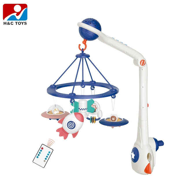 Newest remote control space hanging pendant bed bell toy with light and music adjustable lifting baby crib mobile