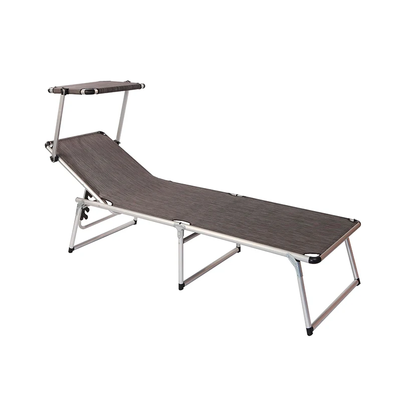 Hot-Selling Camping Folding Bed Alu Outdoor Sun Bed Portable Beach Lounger W/Sun Shade