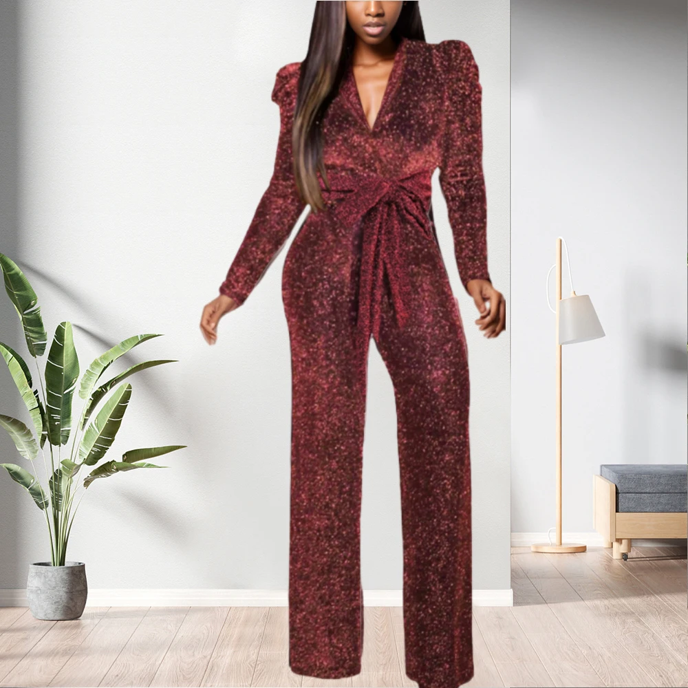 10802-MX97 Loose V-neck One Piece Wide Leg Jumpsuit Women Sehe Fashion