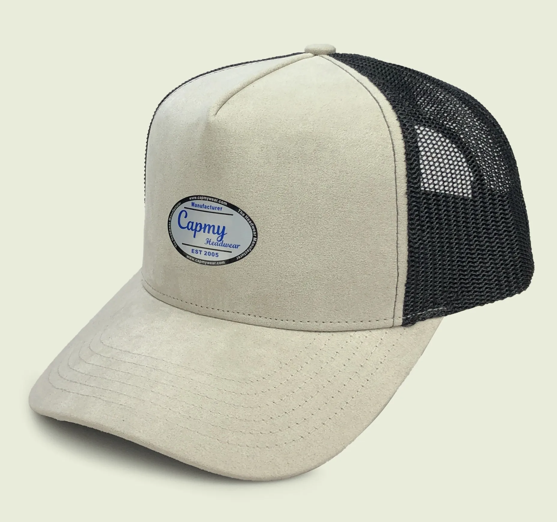 Custom Logo Premium Quality Blank Grey Mesh Suede Trucker Cap Headwear Low Profile Sports Trucker Hat 5 Panel Suede Trucker Hat