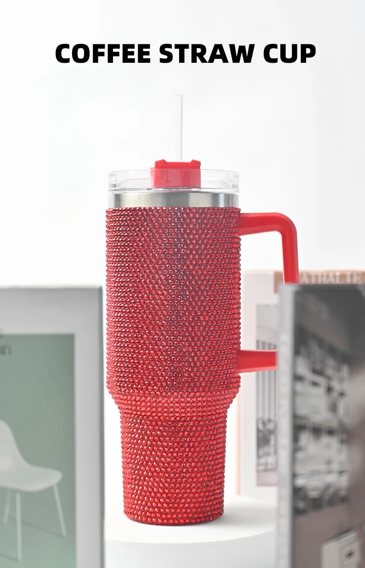 Yekea 304 Stainless Steel Double Wall Glitter Tumbler Water Bottle for Outdoor Travel Coffee Rhinestone Mug with lid Handle