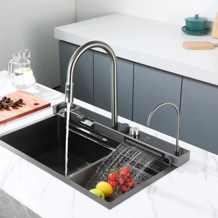 Stainless Steel Temperature Digital Display Pull Down Kitchen Faucet with Base Waterfall