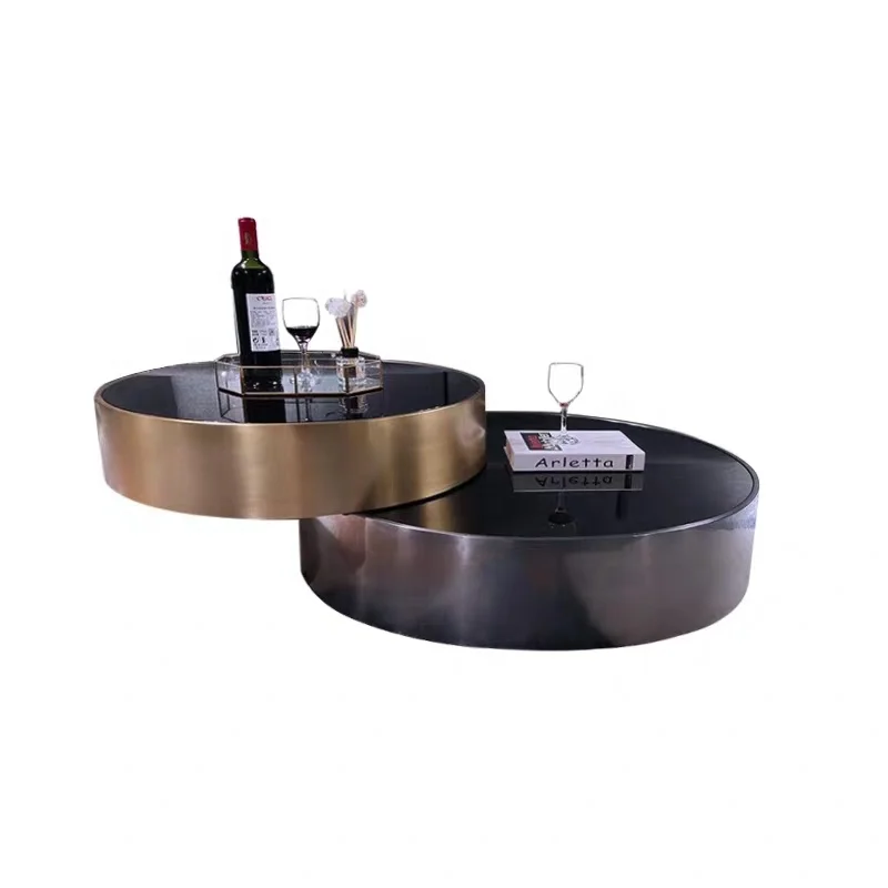 Italian fashion brass round glass double rotating smart metal stainless steel base side coffee tables
