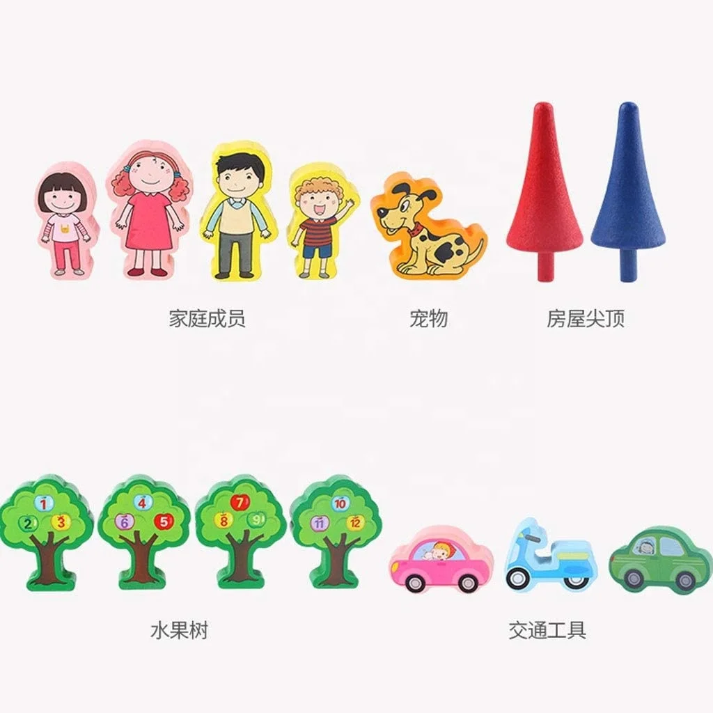 Wooden Castle Dollhouse with 2 People DIY Architecture Model Set Pretend Play Educational Toys