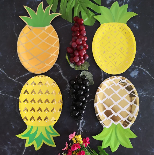 Whole seller Disposable 350gsm Food Level Pineapple Shape Paper Party Plates Tableware Set Paper Dishes 8 Inch 8pcs