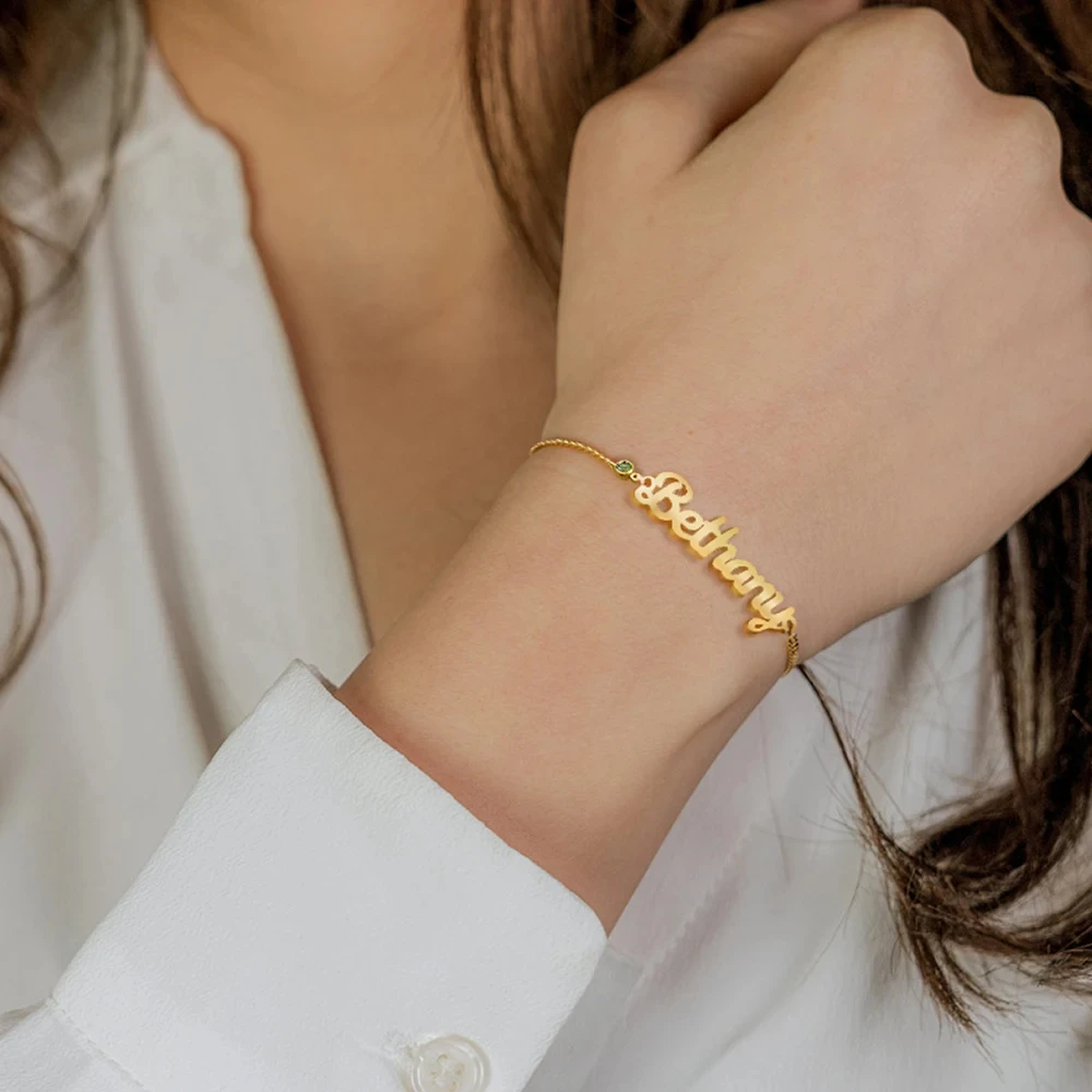 eManco Dropshipping DIY Birthstone Letter Personalized Name Bracelet Hip Hop Chain Rhinestone Name Bracelet