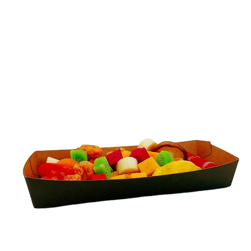 Boat Shape Disposable Food Grade Paper Boxes Packaging Snack Fries Chicken Kraft Paper Boat Tray