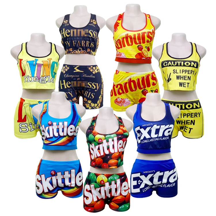 
Wholesale Custom Summer Yoga Gym Romper Biker Candy Two Piece Sexy Girls Shorts Skittle Booty Snack Woman Shorts Set 