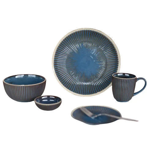 
Fancy dinnerware restaurant used reactive glaze brown and blue color ceramic dinner plate with embossed line 