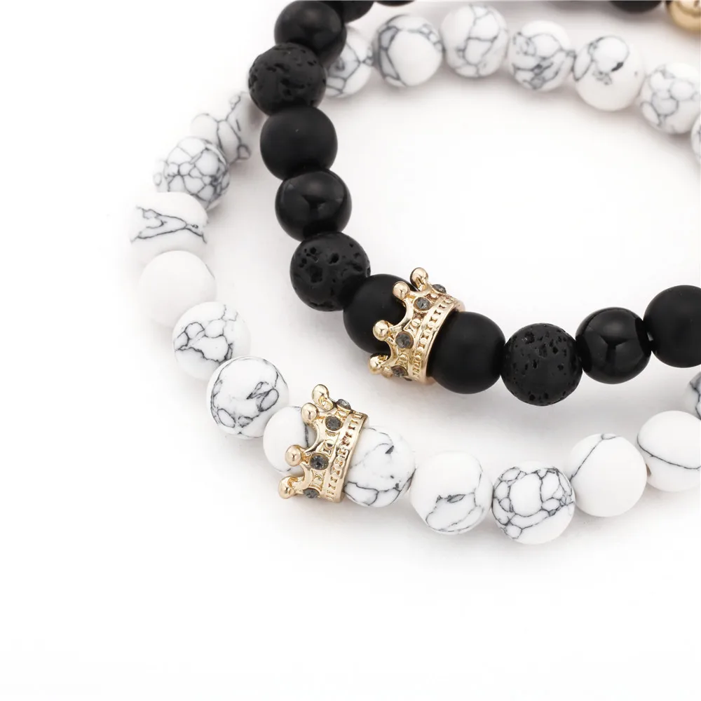 Hot selling crown diamond for men and women bracelet black frosted white turquoise couple set bracelet