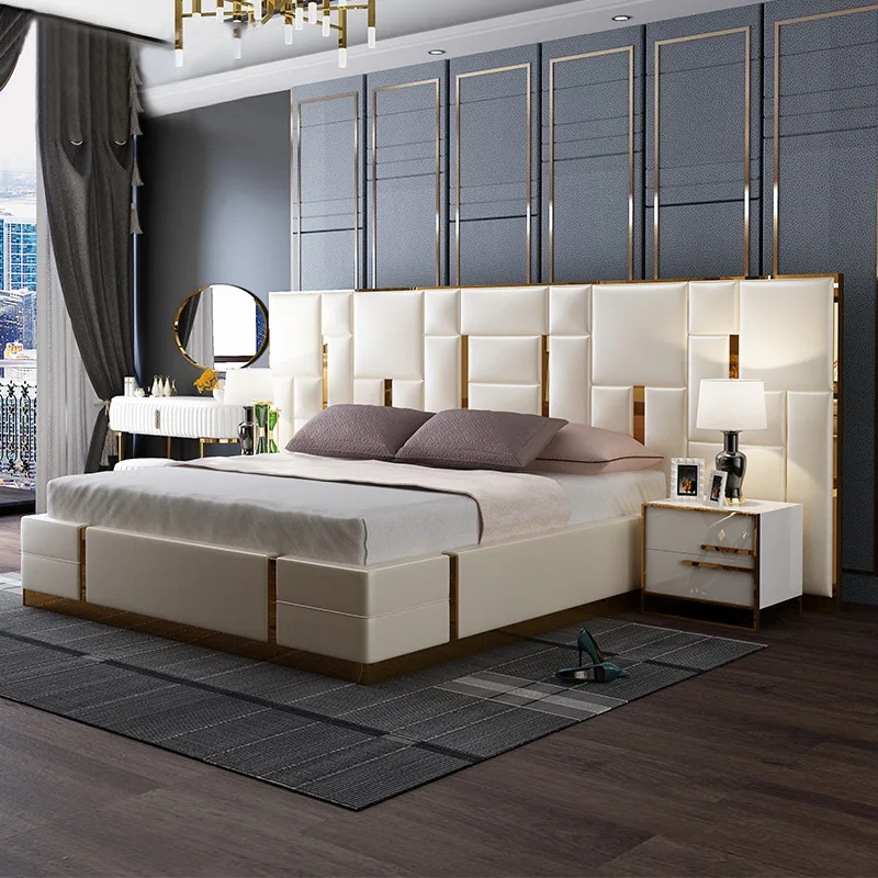Modern luxury bedroom furniture upholstered real leather italian bed with extended headboard king size white leather bed