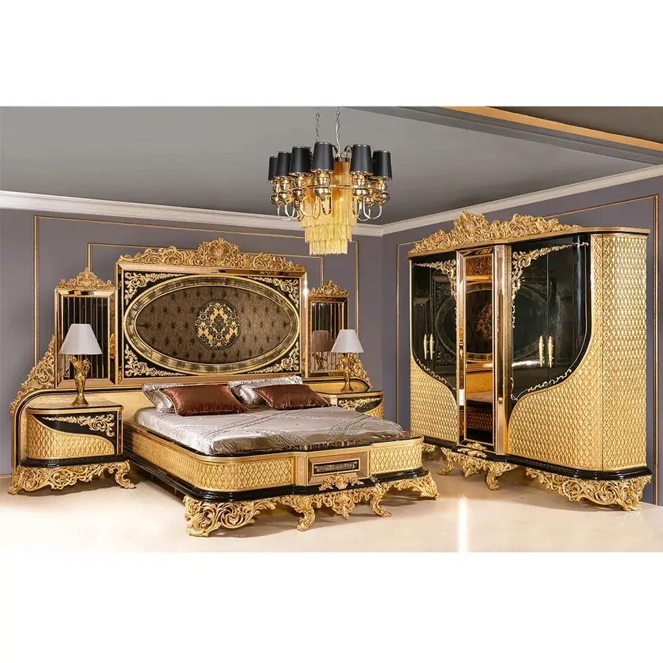 2023 Turkish Middle East Eastern Luxury Antique Royal Hand Carved Bed Room Furniture Set Five Pieces Black Gold African American