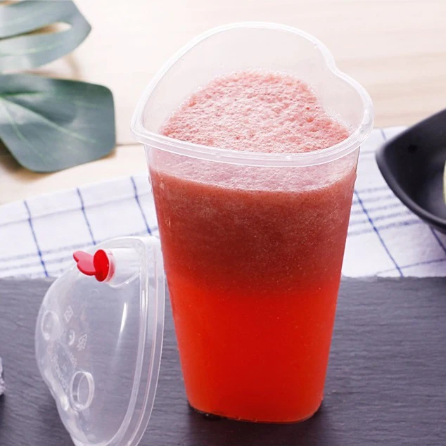 Прозрачные полипропиленовые жесткие чашки в форме сердца пластиковые Пузырьковые для чая контейнеры с крышкой