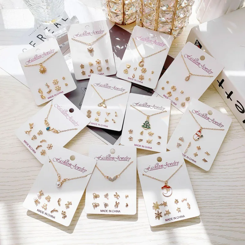 Christmas Jewelry Set Gift Pearl Crystal Christmas Santa Claus Snowflake Deer Star Snowman Necklace Earrings  Set for Kids Girls