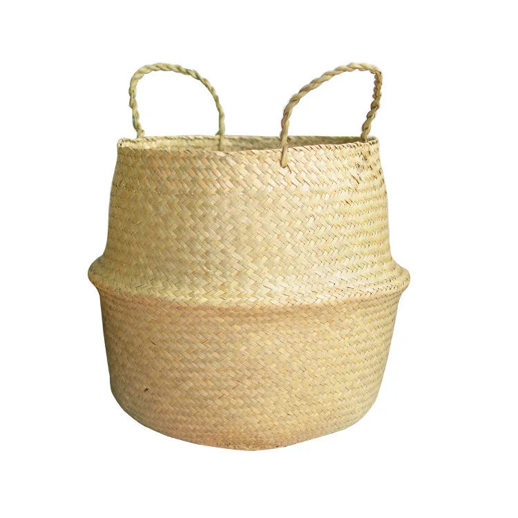 Nordic Living Room Balcony Hand Woven Folding Plant Flower Pot Straw Belly Seagrass Storage Basket