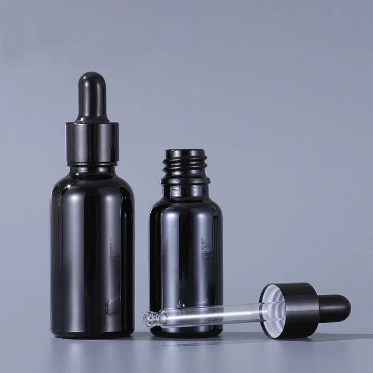 Empty 1 oz 2oz 10 30 ml custom made Matte Glossy Black Glass Boston Round Bottle with drops lid