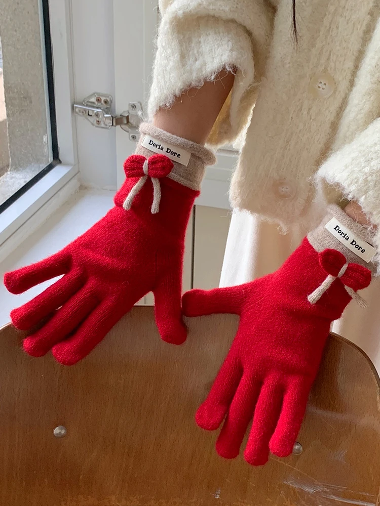 Bowknot Decoration Women Winter Warm Cashmere Glove Custom Fashion Knitted Gloves Girls Knitted Full Finger Gloves