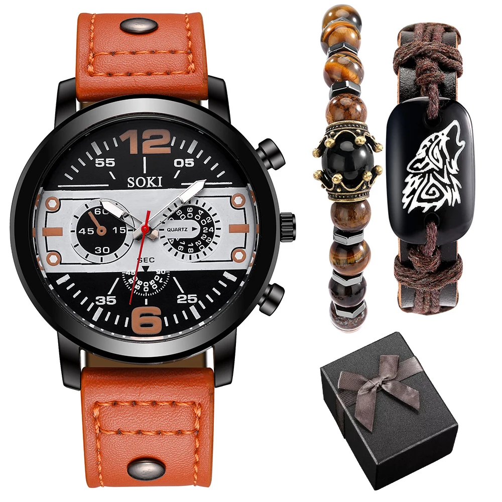 Wrist Watch with Bracelet set Men Quartz Watches for men Leather Strap Luxury Watch Bracelet Gift Set Reloj Hombre jewelry sets