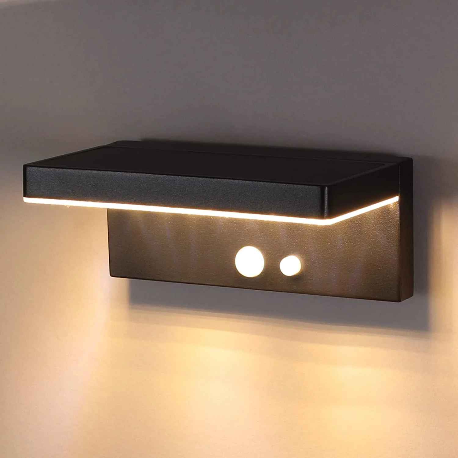 Black aluminum ip54 fixed downward motion sensor led solar power outdoor wall mounted lamp light