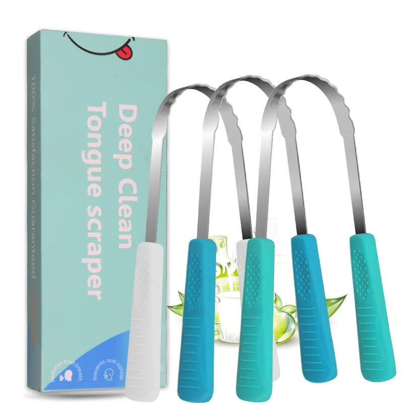 Available double-sided tongue scraper Silicone handle 304 stainless steel tongue scraper for adults and children