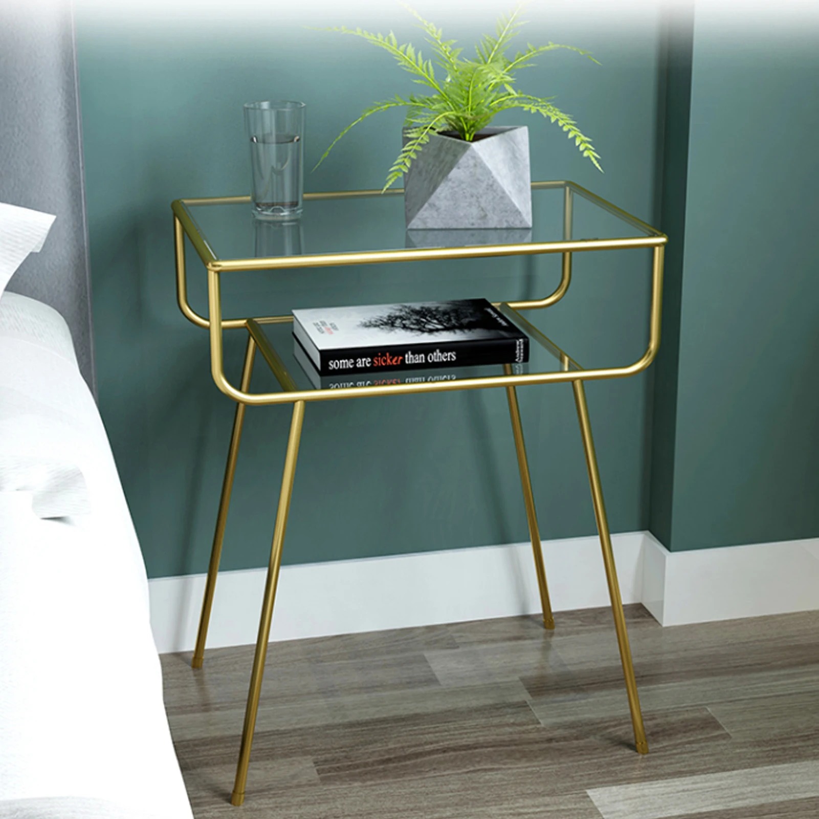 Tempered Glass Top Mid Century Accent Metal Gold End Table Modern for Bedrooms Bedside Table Night Stands Side Table