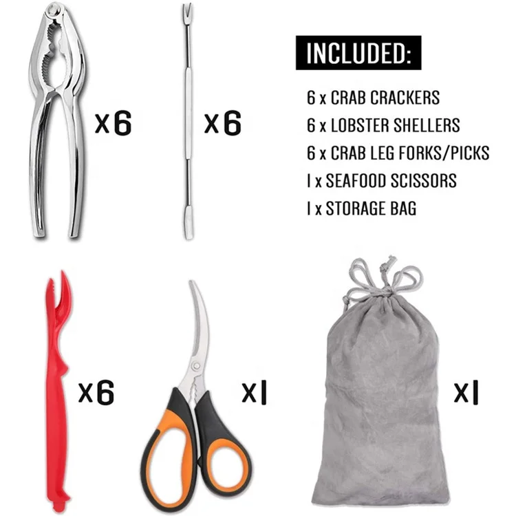 
19-piece Seafood Tools Set includes 6 Crab Crackers 6 Lobster Shellers 6 Crab Leg Forks/Picks 1 Seafood Scissors & Storage bag 