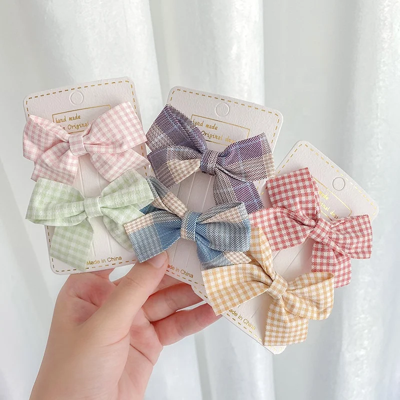 Fashion Kids Cute lace bow Hair Accessories check fabric metal duckbill clips Sweet lovely plaid hair bow clip