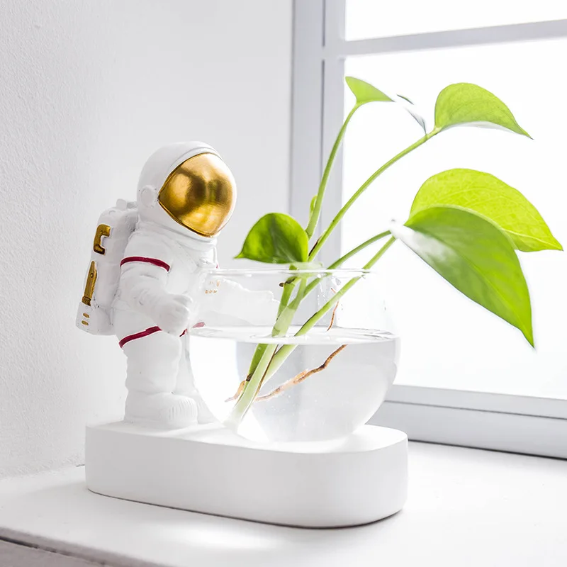 Home Decor ornament spaceman hydroponic glass water cultured plant vase with led light Smart luminous flower pot
