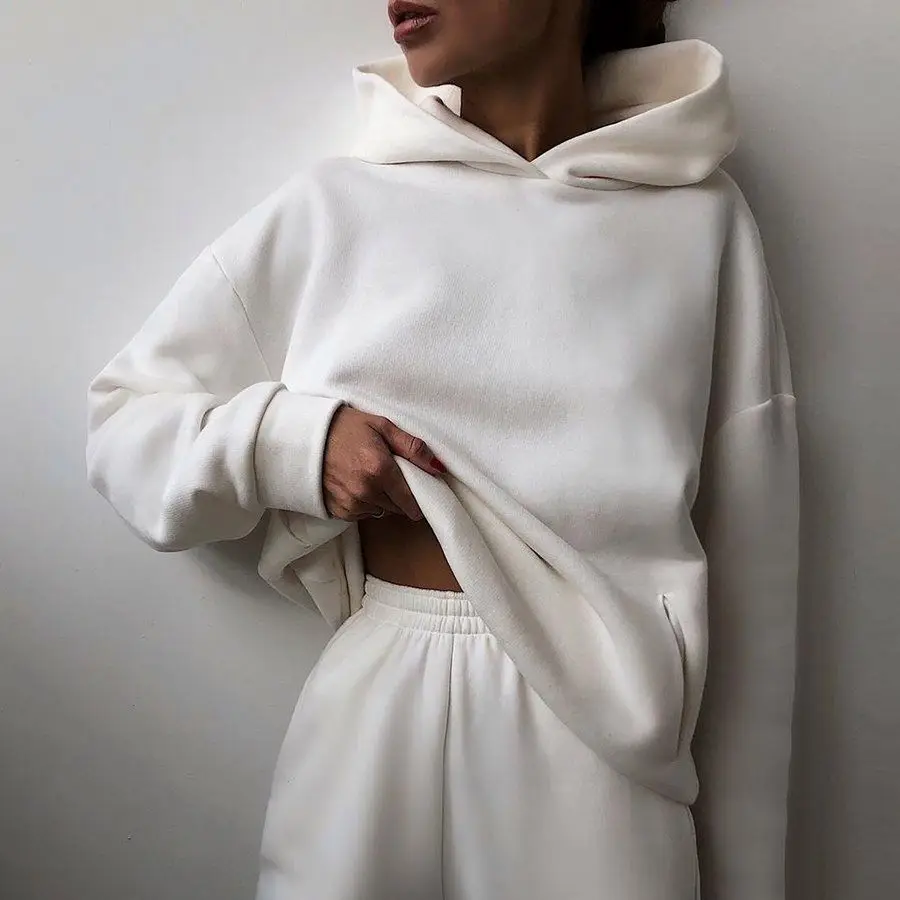 
fall Winter 2021women ladies Fashion solid color hooded long sleeved loose fitness jogger sportswear 2 two piece sets for women 