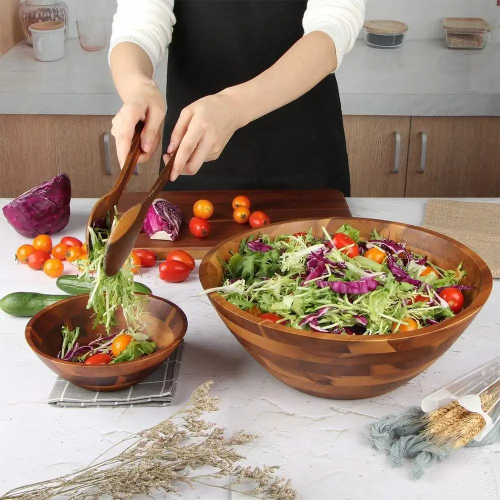 Wholesale solid tableware Handcrafted Mixing Salad Rice Acacia wooden bowl For Restaurant