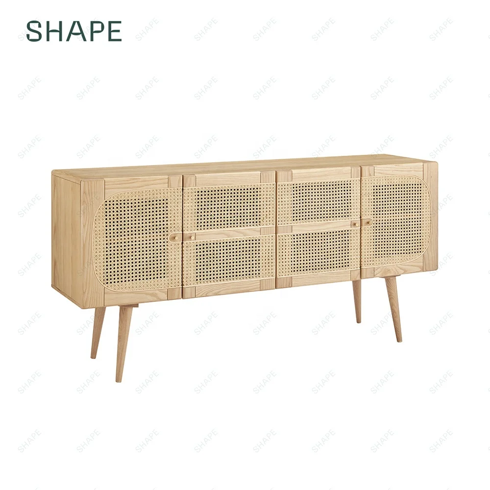 CIRCUS 160 sideboard in solid ash and ash veneer with 4 soft closing doors and 2 adjustable shelves with natural rattan