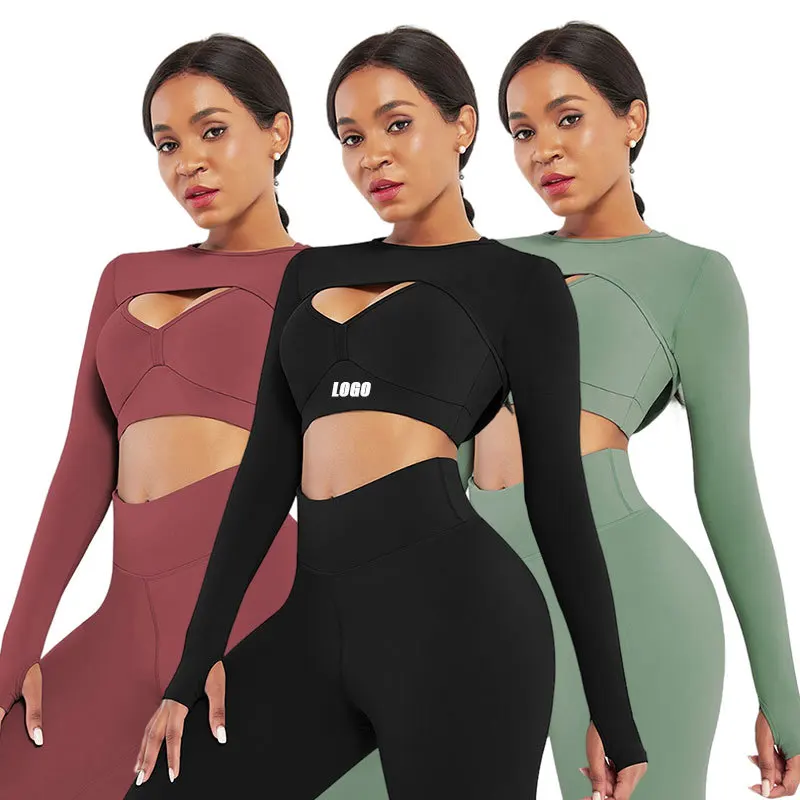 2022 High Quality Yoga 3 Piece Gym Fitness Set Sexy Activewear Long Sleeve Crop Top and High Waist Yoga Pants Seamless Yoga Set