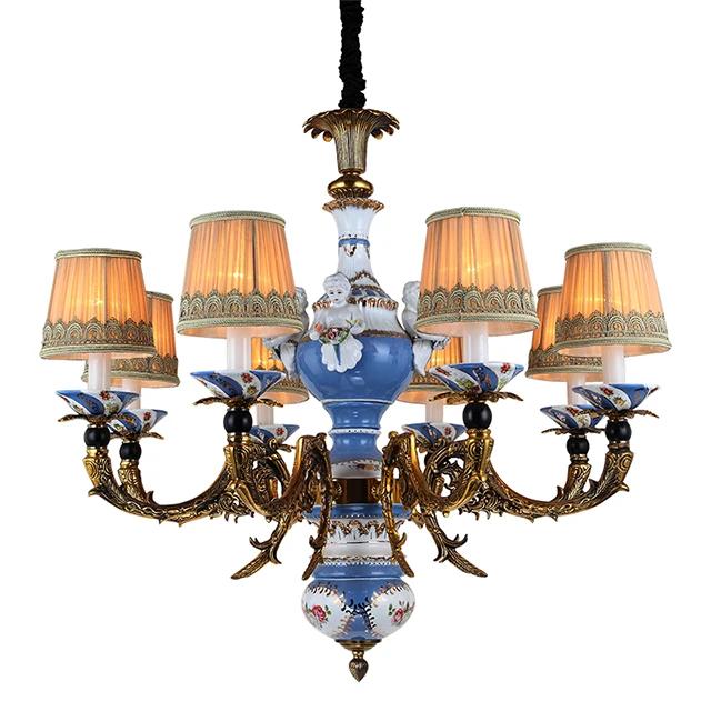 European ceiling lamp French copper luxury sitting room background bedroom bedside lamp ceramic cloth 8-headed corridor