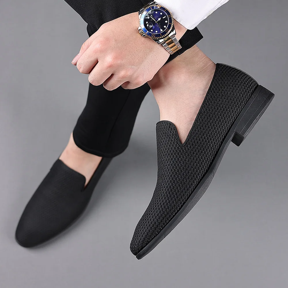 Fashion Mens Loafers Slip on Suede Genuine Leather Shoes Flat Wedding Dress Loafer Shoes