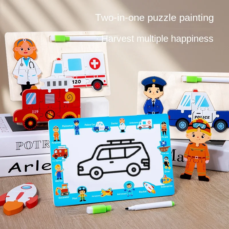 Best-selling 2 In 1 3d People Puzzle With Drawing Board Wooden Toys With Book Clamping Design And Cartoon Image