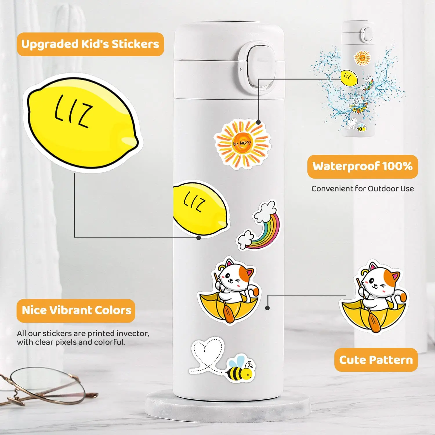 Olansit 200 PCS Water Bottle Stickers for Kids Teens, Cute Vinyl Waterproof Laptop Skateboard Stickers, Aesthetic Car Decals